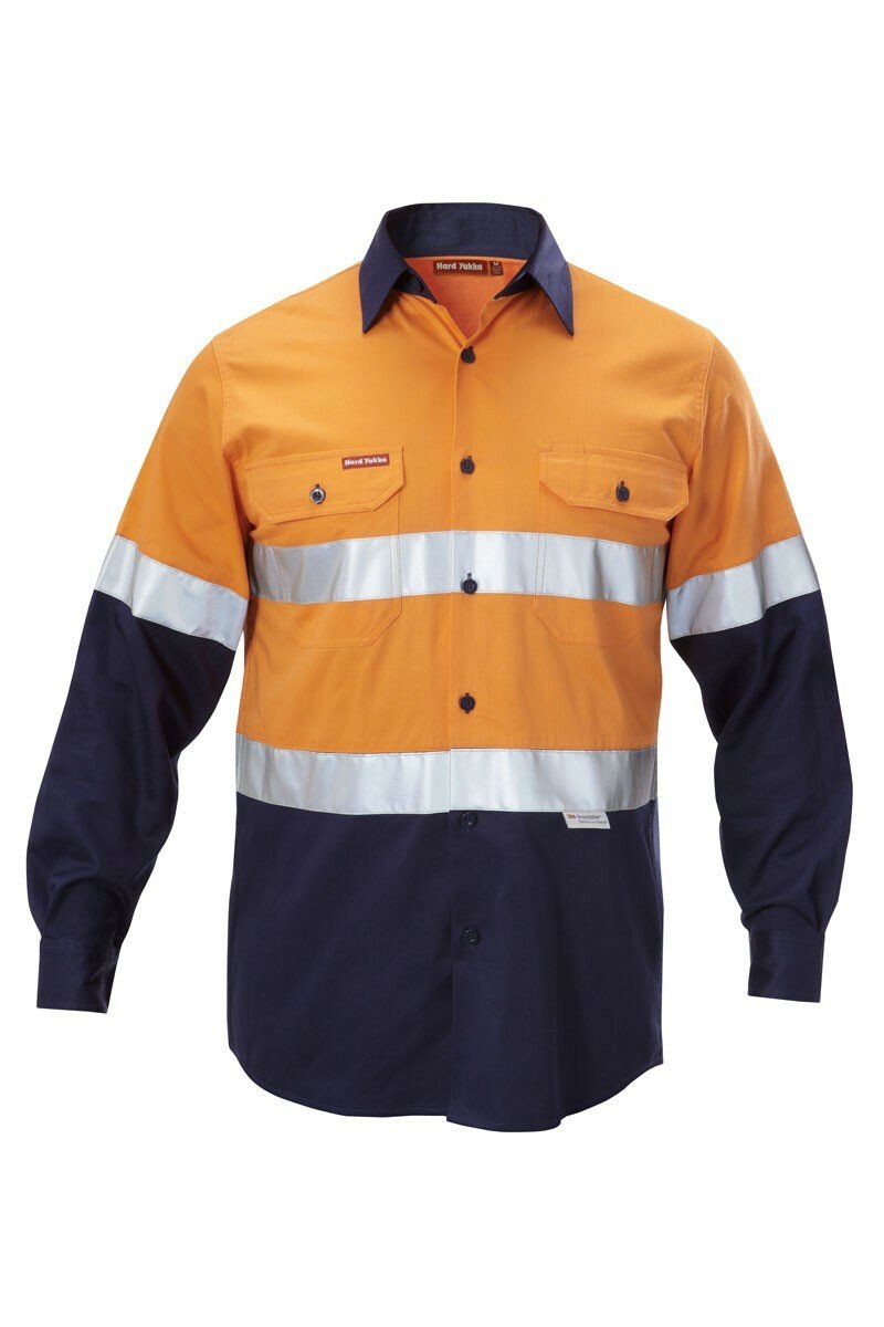 Mens Hard Yakka Work Shirt Hi - Vis Taped Safety Long Sleeve Cotton Drill Y07990 - Land to Coast