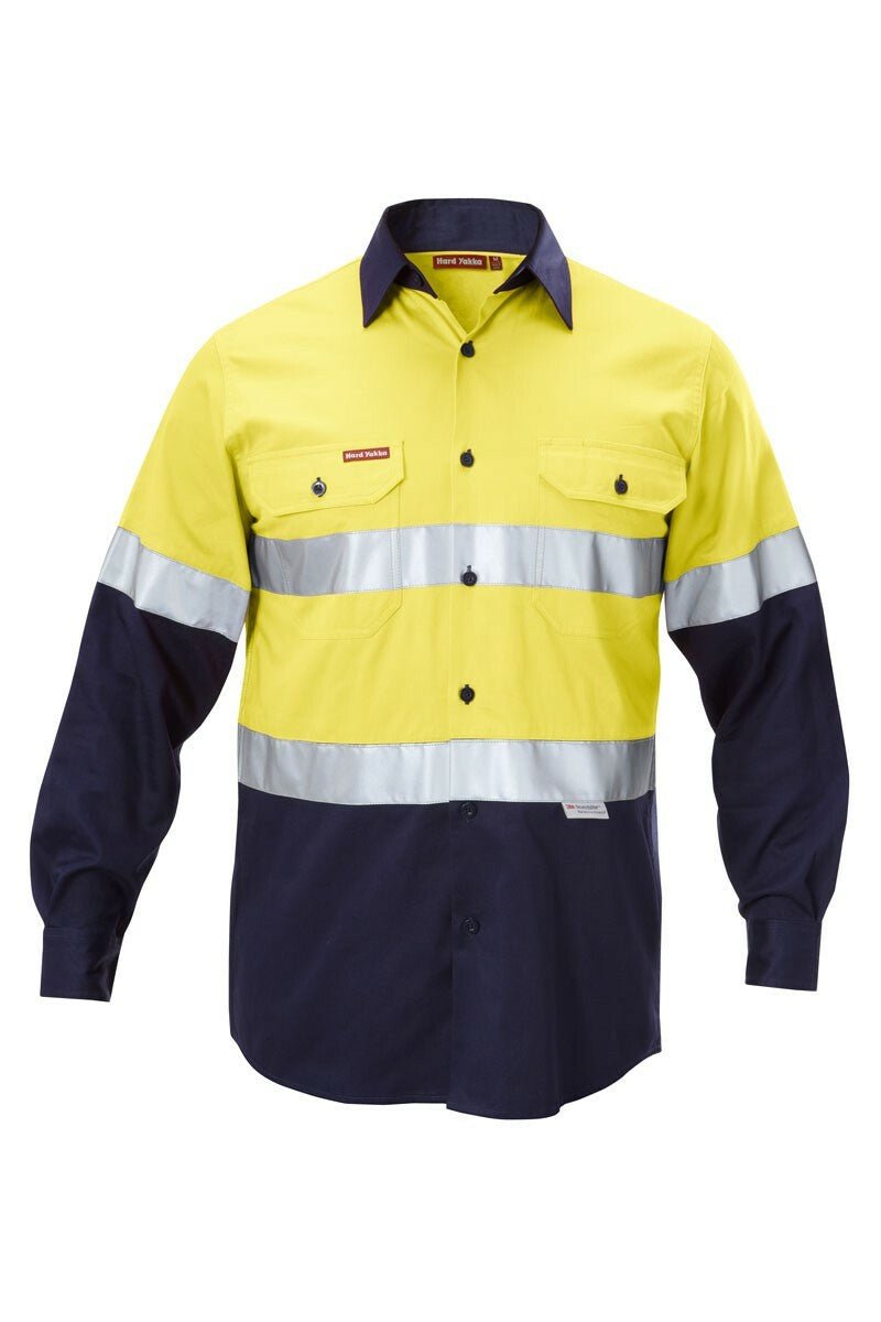 Mens Hard Yakka Work Shirt Hi - Vis Taped Safety Long Sleeve Cotton Drill Y07990 - Land to Coast