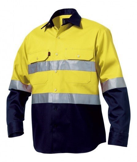 Mens KingGee Hi - Vis Long Sleeve Open Front Spliced Taped Work Shirt Top K54315 - Land to Coast