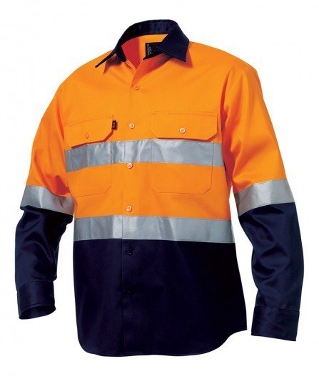 Mens KingGee Hi - Vis Long Sleeve Open Front Spliced Taped Work Shirt Top K54315 - Land to Coast