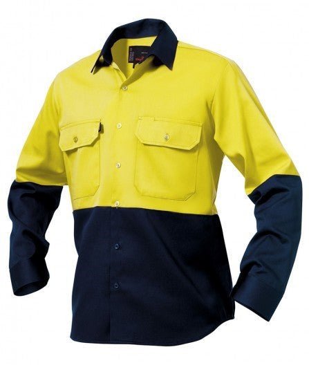 Mens KingGee Hi - Vis Long Sleeve Spliced Polo Open Front Work Shirt Cotton K54015 - Land to Coast
