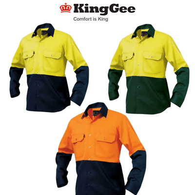 Mens KingGee Hi - Vis Long Sleeve Spliced Polo Open Front Work Shirt Cotton K54015 - Land to Coast