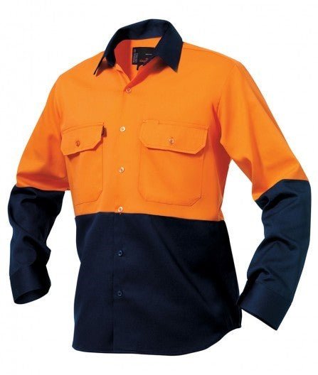 Mens KingGee Hi - Vis Long Sleeve Spliced Polo Open Front Work Shirt Cotton K54015 - Land to Coast