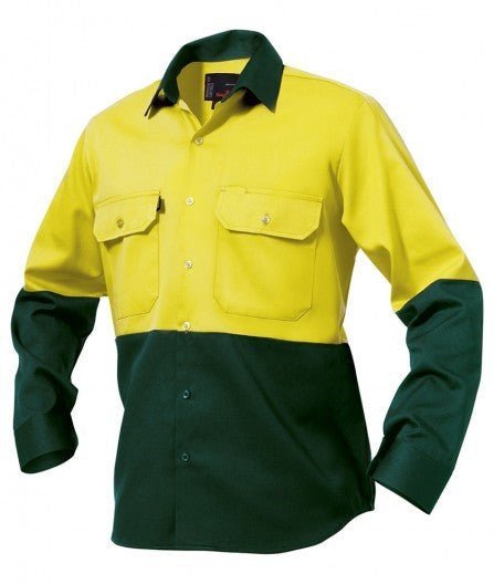 Mens KingGee Hi - Vis Long Sleeve Spliced Polo Open Front Work Shirt Cotton K54015 - Land to Coast