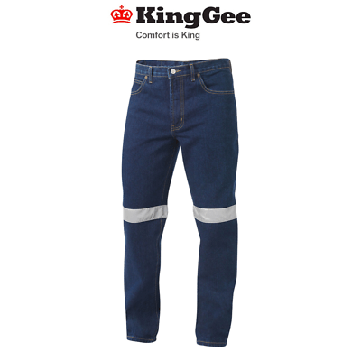 Mens KingGee Reflective Hi - Vis Stonewash Denim Jeans Pants Workwear Safe K53030 - Land to Coast