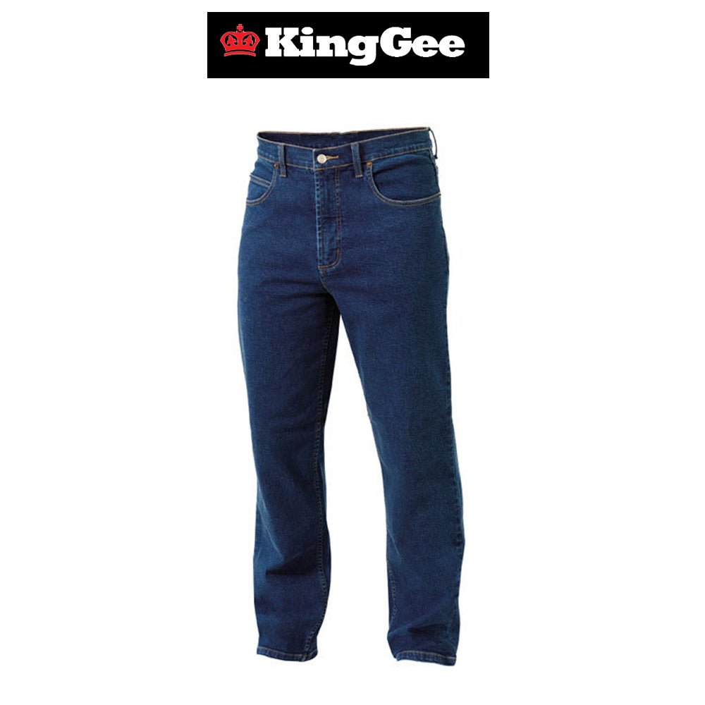 Mens KingGee Stonewash Denim Work Stretch Jeans Pants Workwear Safety K03390 - Land to Coast