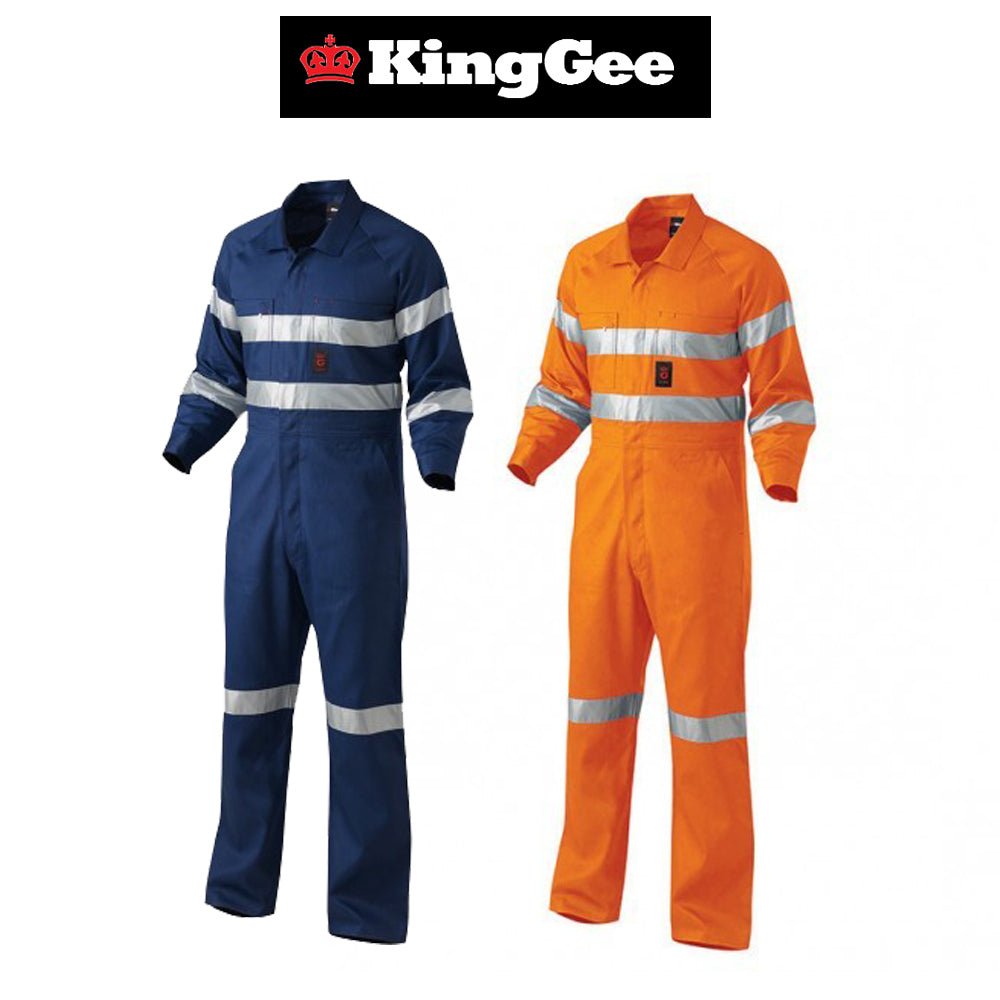 Mens KingGee Summer Weight Cotton Drill Reflective Overalls Hi - Vis Tape K51305 - Land to Coast