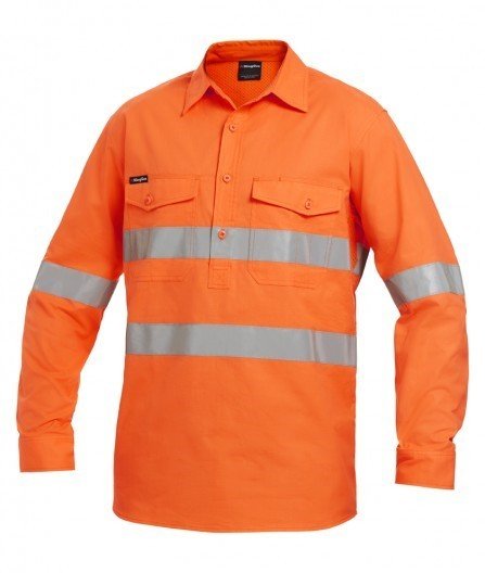 Mens KingGee WorkCool 2 Hi - Vis Long Sleeve Work Safety Shirt Closed Front K54896 - Land to Coast