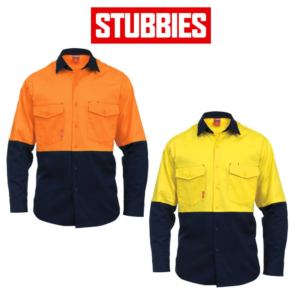 Mens Stubbies Long Sleeve Splice Drill Shirt Hi - Vis Workwear Safety Work BW2350 - Land to Coast