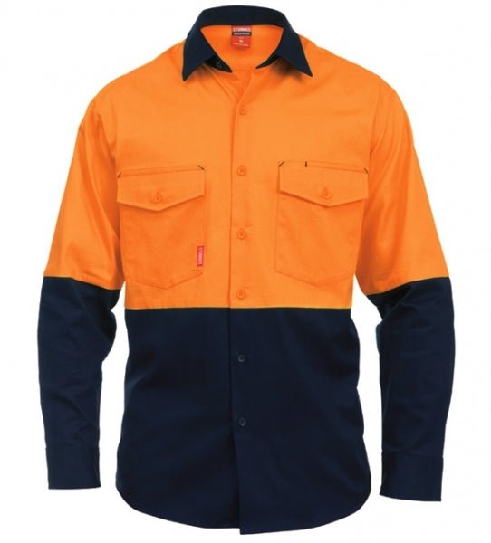 Mens Stubbies Long Sleeve Splice Drill Shirt Hi - Vis Workwear Safety Work BW2350 - Land to Coast