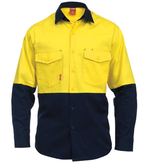 Mens Stubbies Long Sleeve Splice Drill Shirt Hi - Vis Workwear Safety Work BW2350 - Land to Coast
