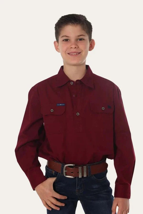 Ord River Half Button Kids Work Shirt - Burgundy - Land to Coast