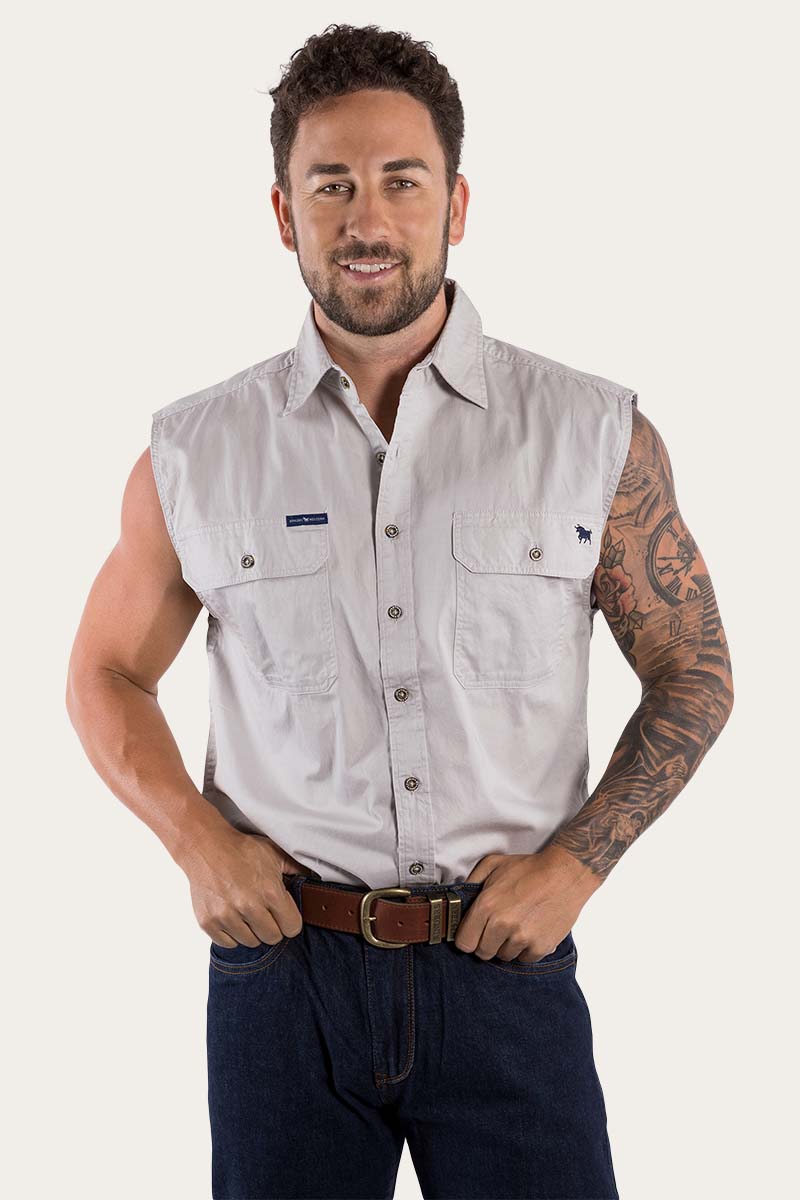 Rob Roy Mens Sleeveless Full Button Work Shirt - Beige - Land to Coast