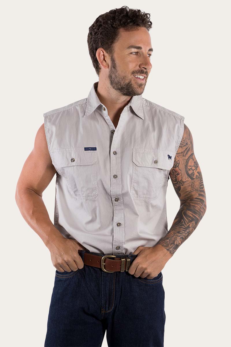Rob Roy Mens Sleeveless Full Button Work Shirt - Beige - Land to Coast