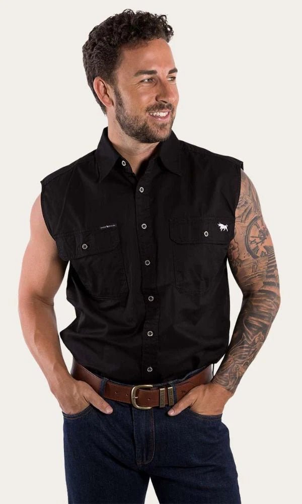 Rob Roy Mens Sleeveless Full Button Work Shirt - Black - Land to Coast