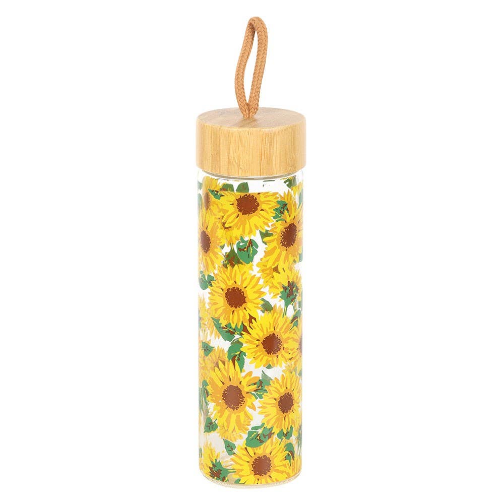 Sunflower Print Glass Water Bottle With Bamboo Lid - Land to Coast