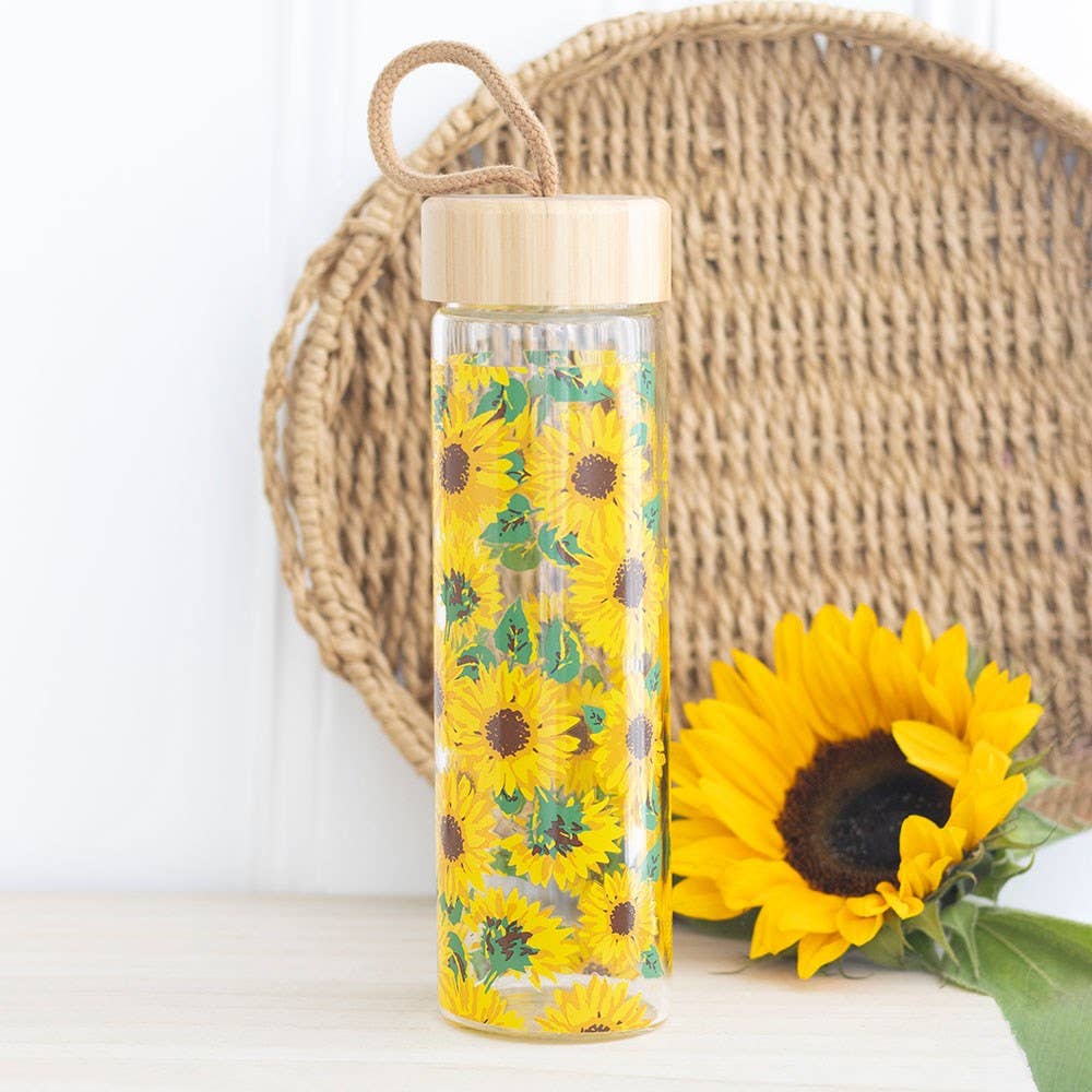 Sunflower Print Glass Water Bottle With Bamboo Lid - Land to Coast