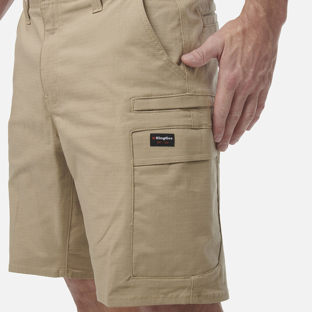 Workcool Pro Stretch Cargo Work Shorts Black Ripstop Gel Waistband Khaki K17006 - Land to Coast