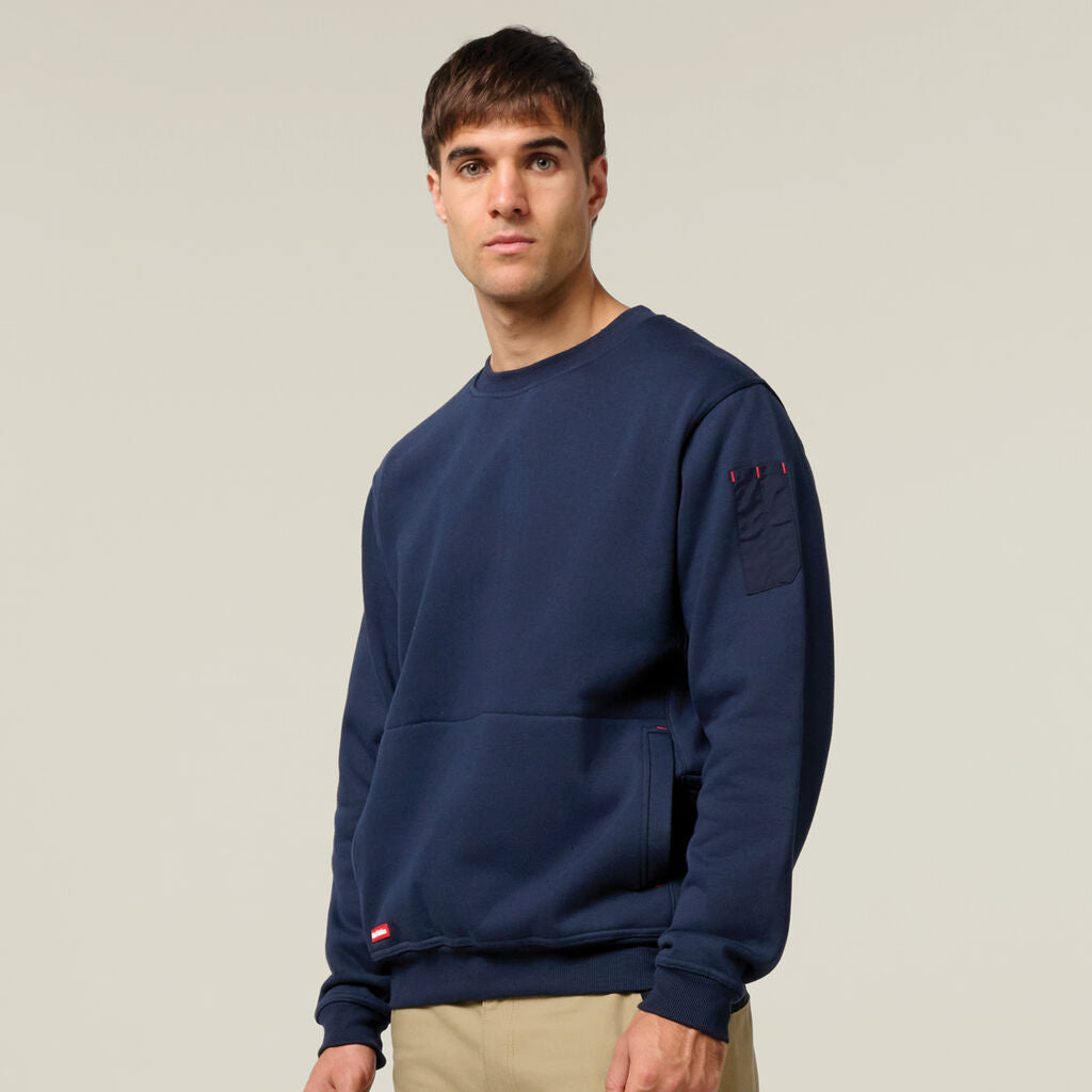 Hard Yakka Crew Neck Brushed Fleece Work Jumper Utility Pocket Navy Y19324