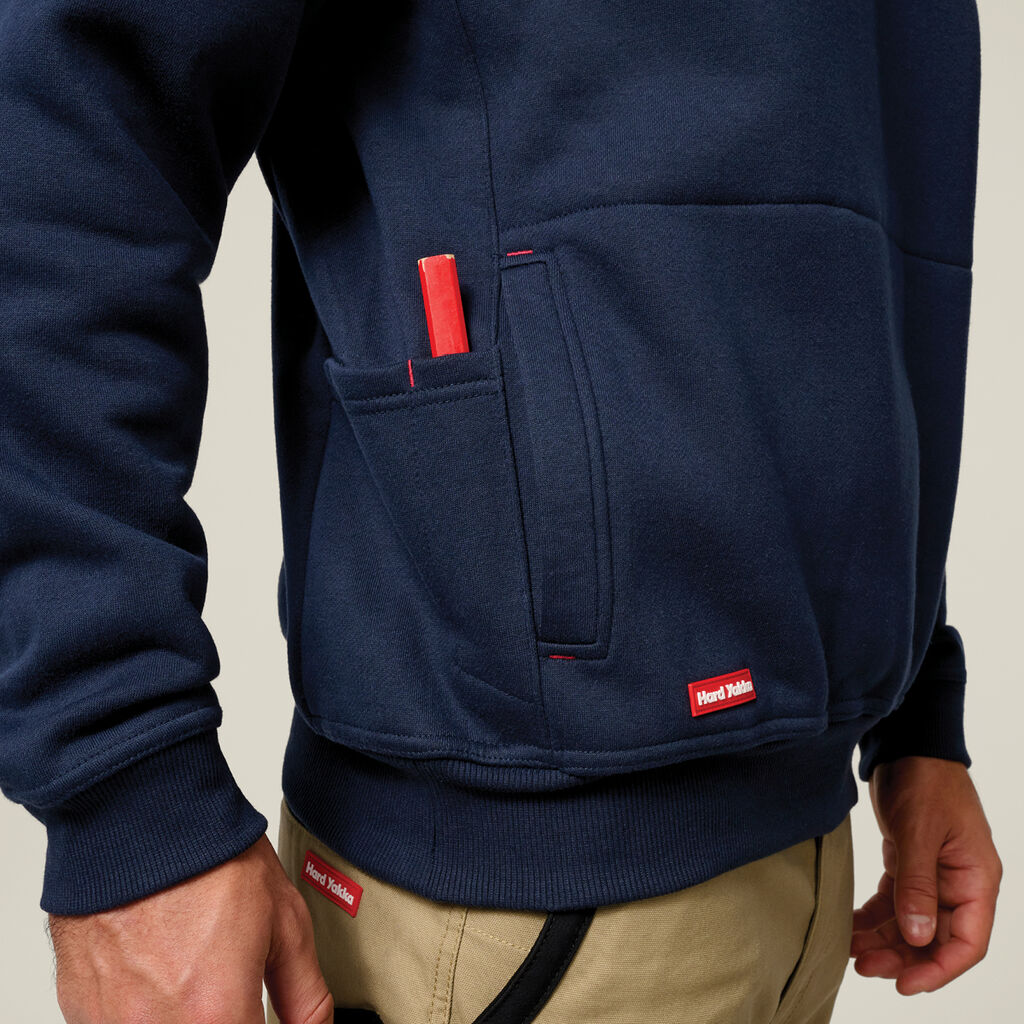 Hard Yakka Crew Neck Brushed Fleece Work Jumper Utility Pocket Navy Y19324
