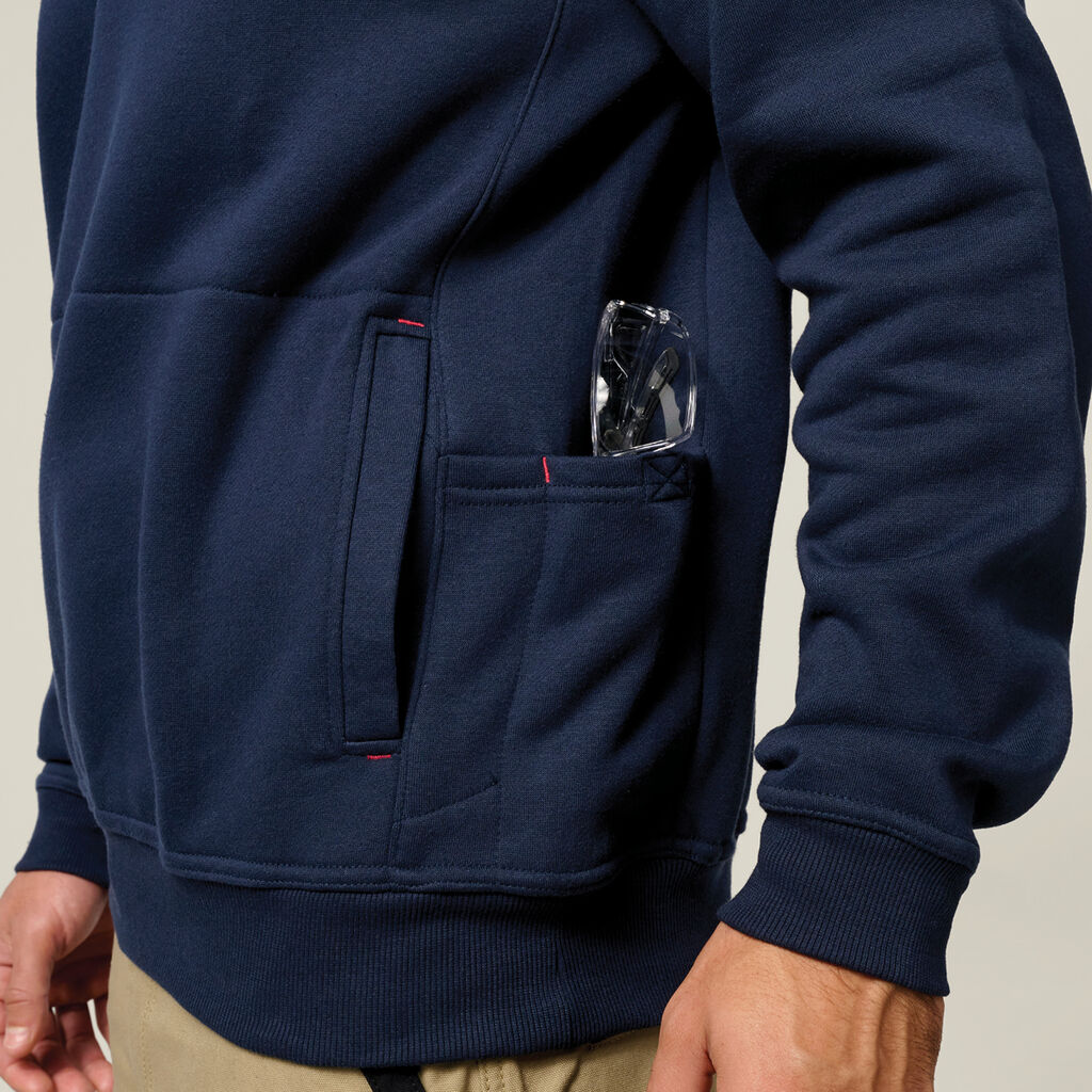 Hard Yakka Crew Neck Brushed Fleece Work Jumper Utility Pocket Navy Y19324