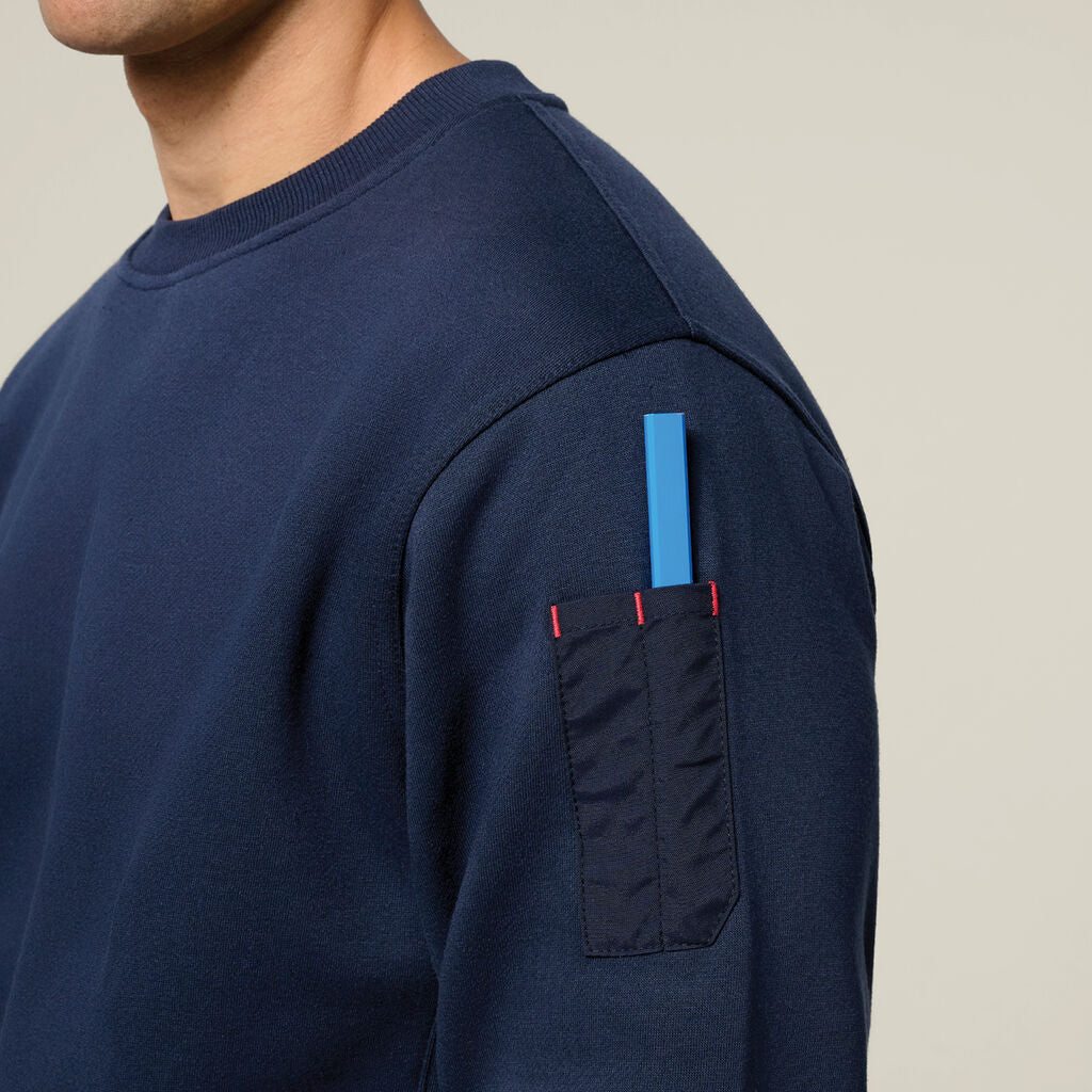 Hard Yakka Crew Neck Brushed Fleece Work Jumper Utility Pocket Navy Y19324